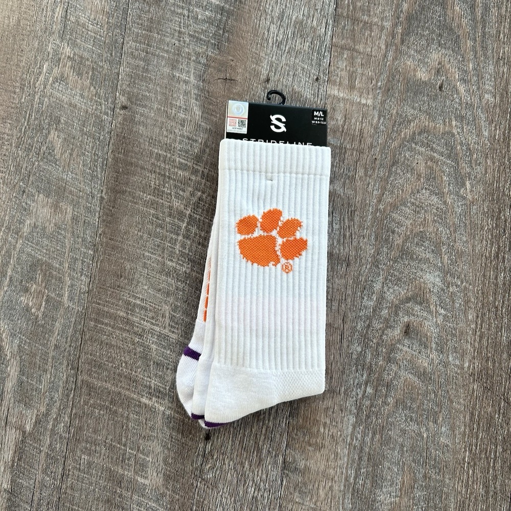 Strideline Clemson Tigers NCAA Crew Socks Paw Logo M/L White Orange Purple